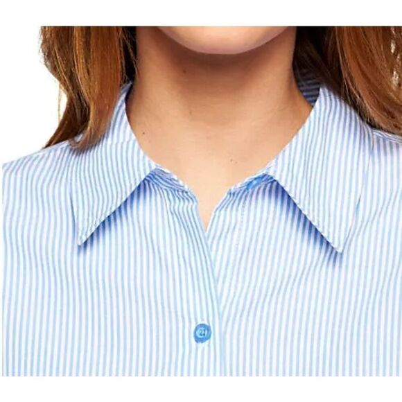 Denim & Co Women 2X Button Front Long Top Green White Stripe Roll Tab Sleeve NWT - Picture 6 of 8